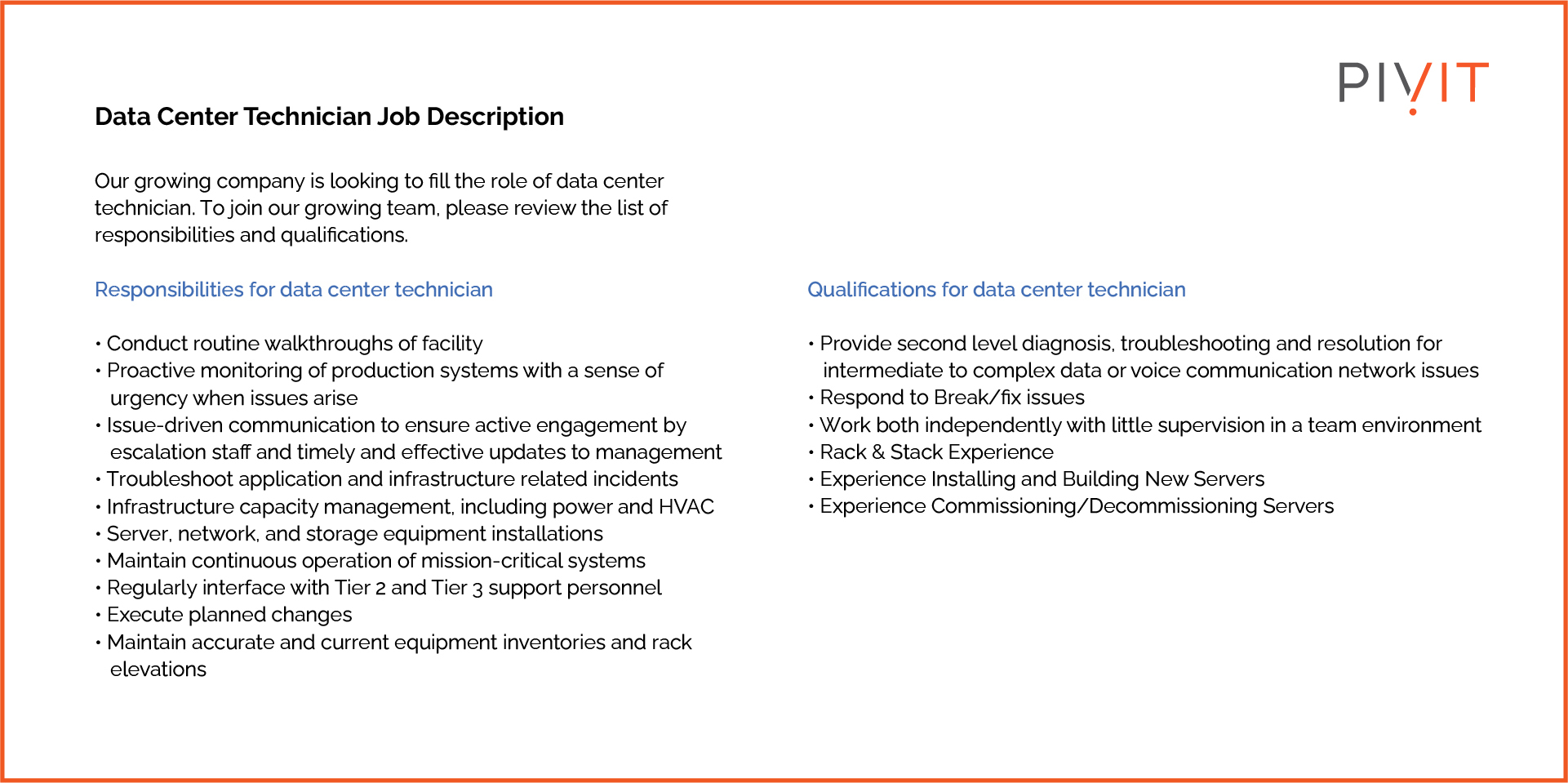 Data Center Technician Job Description