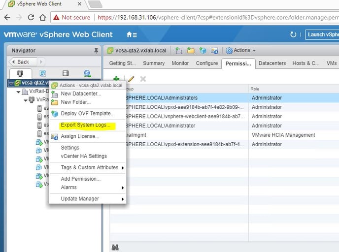 vmware sphere web client interface to export system logs