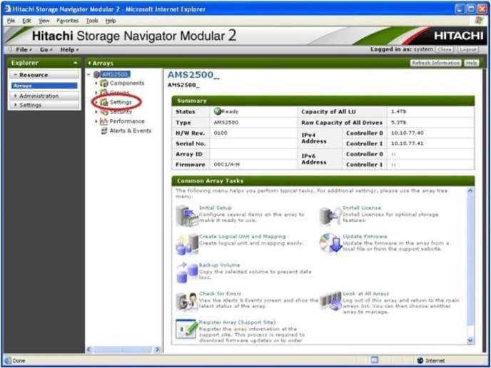 select settings in hitachi storage navigator