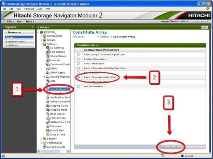 get configuration in hitachi storage navigator