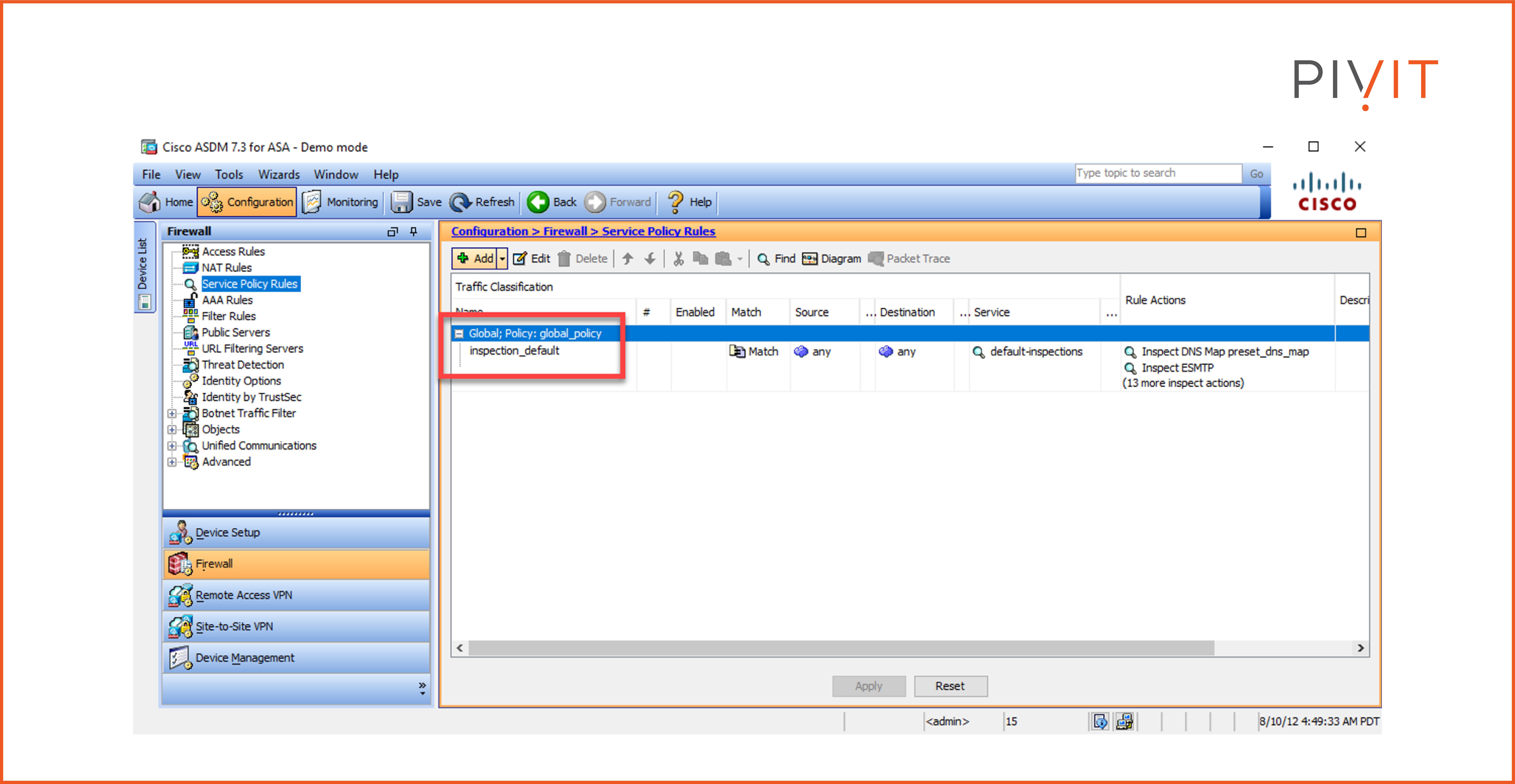 The default global policy is used on the Cisco ASA appliance with specific rule actions applied