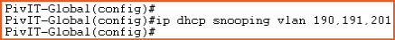 configuration command for ip dhcp snooping for vlan 190, 191, 201 at pivit global