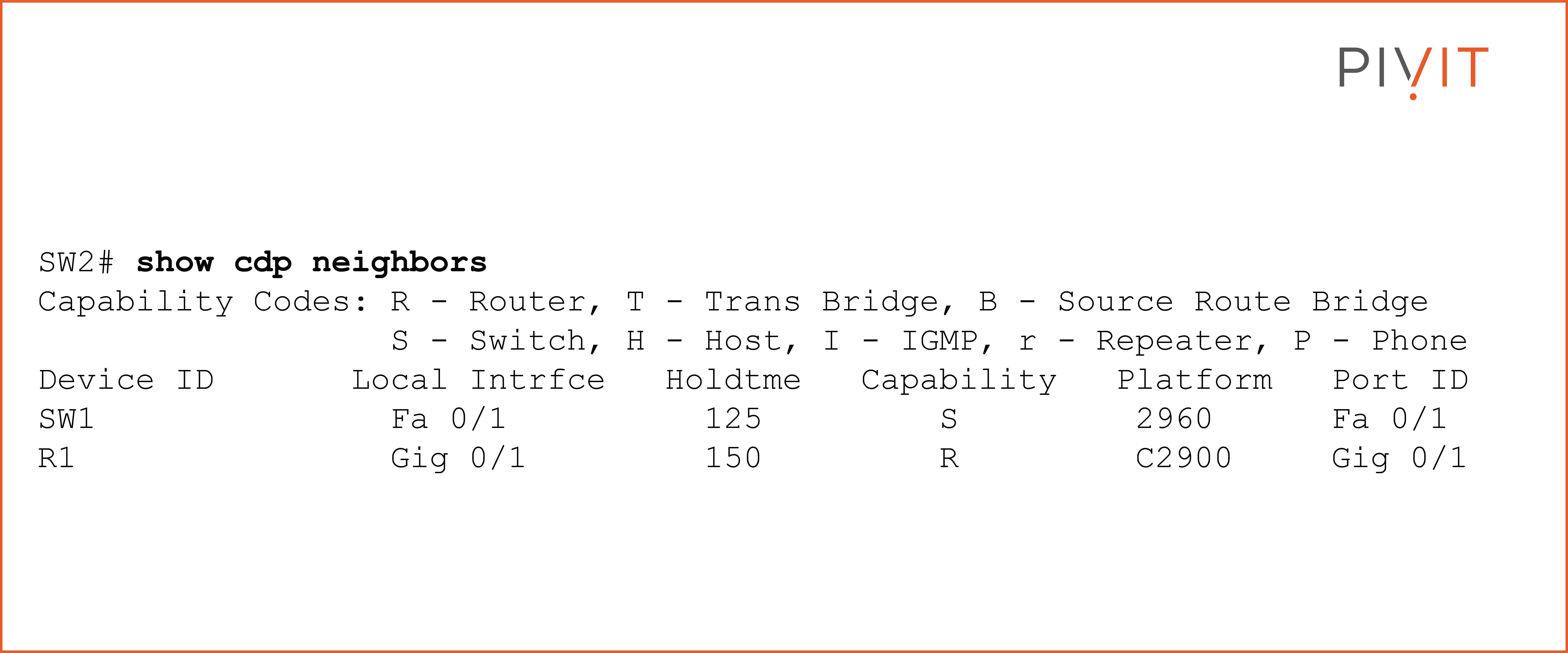 Command show cdp neighbors to view the basic information about the neighbors