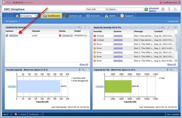 select vnx system screen on unisphere dashboard