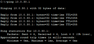 verify ping from VLAN 10 PC1 to SVI VLAN 30