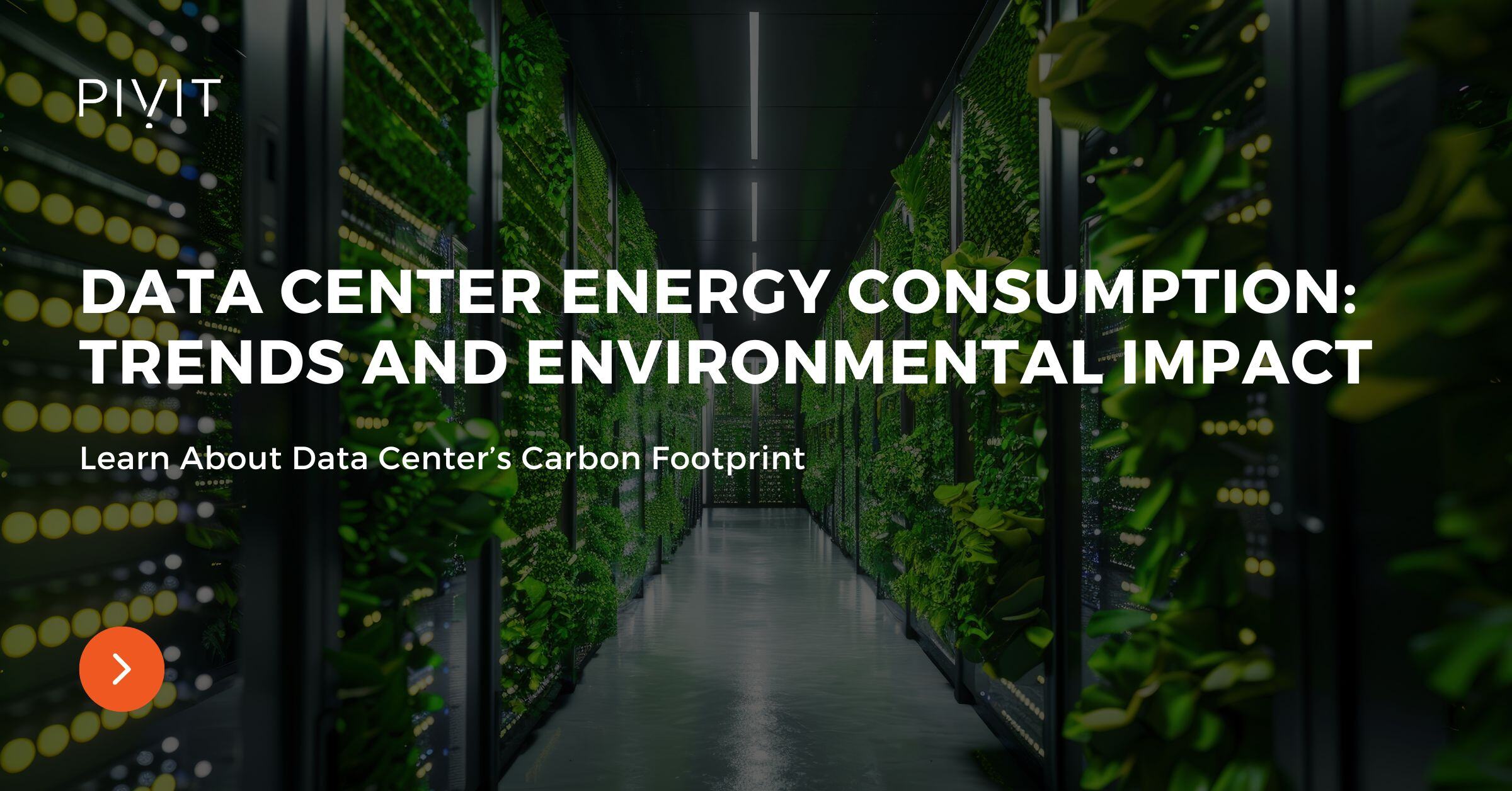 A modern data center corridor illuminated by green lights integrated into the infrastructure, emphasizing energy consumption and environmental impact. Text reads, 