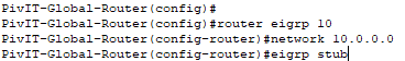 eigrp stub configuration commands from pivit global